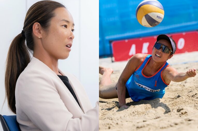 日本代表として東京五輪に出場し、現在は選手会長を務めるビーチバレー選手の村上めぐみ ／ photograph by L)Asami Enomoto、R)Kenji Yamada