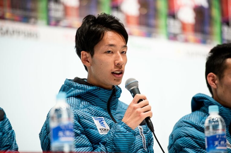 東海大の優勝会見での3区・西川雄一朗　©Yuki Suenaga