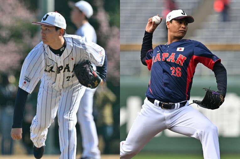 侍ジャパンの宮崎キャンプで調整を進める栗林良吏と宇田川優希。球数制限のあるWBCではリリーフ陣の好不調が勝敗のカギを握る ／ photograph by Hideki Sugiyama