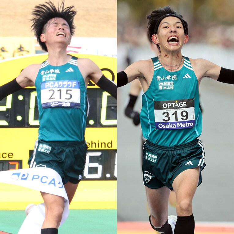 別大で学生新記録（当時）を出した若林（左）とその記録を大阪マラソンで2秒更新した黒田 ©JIJI PRESS