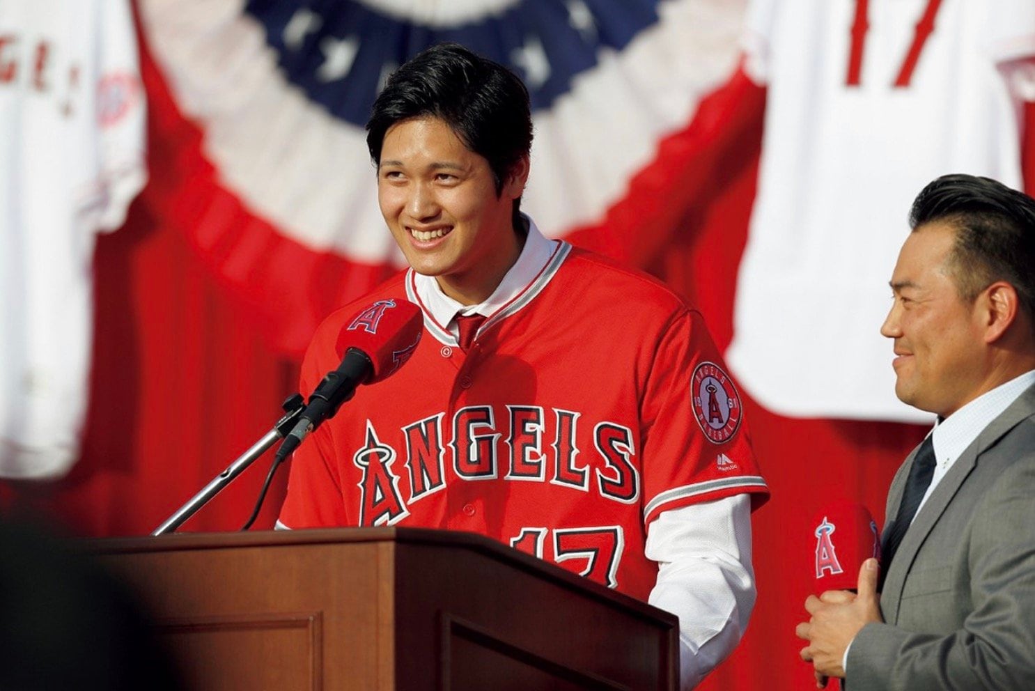 '17年12月、エンゼルス入団会見の第一声は英語での自己紹介。エ軍在籍時、普段の会話は通訳抜きも目立った ©Getty Images