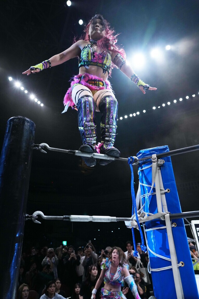 コーナーから場外へのケブラーダを狙うイヨ・スカイ　©Essei Hara