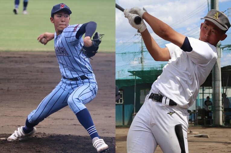 多くのスカウトが注目する幕張総合の早坂響（左）と高校通算30本を誇る安中総合の梅山大夢（右）。共に「プロ入り」を口にできるほど、急成長を遂げている ／ photograph by Yu Takagi