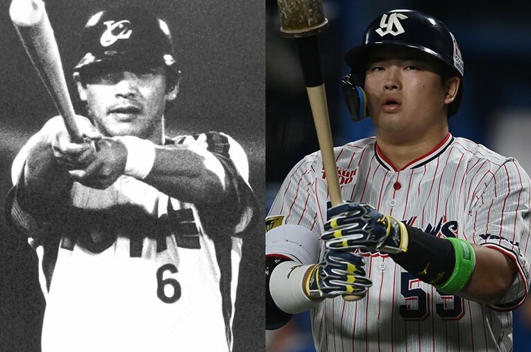 22歳にして伝説的三冠王たちと肩を並べた村上は、日本プロ野球史上最高の打者になりえるのか？（写真左が落合博満、右が村上） ／ photograph by L）BUNGEISHUNJU、R）Naoya Sanuki