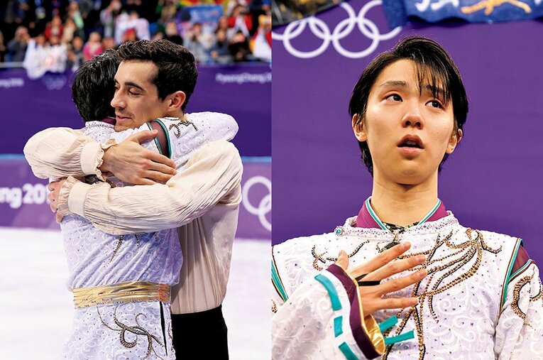 平昌五輪にて、互いの健闘を称え合う羽生結弦とハビエル・フェルナンデス ／ photograph by Kaoru Watanabe(JMPA)/Ryosuke Menju(JMPA)