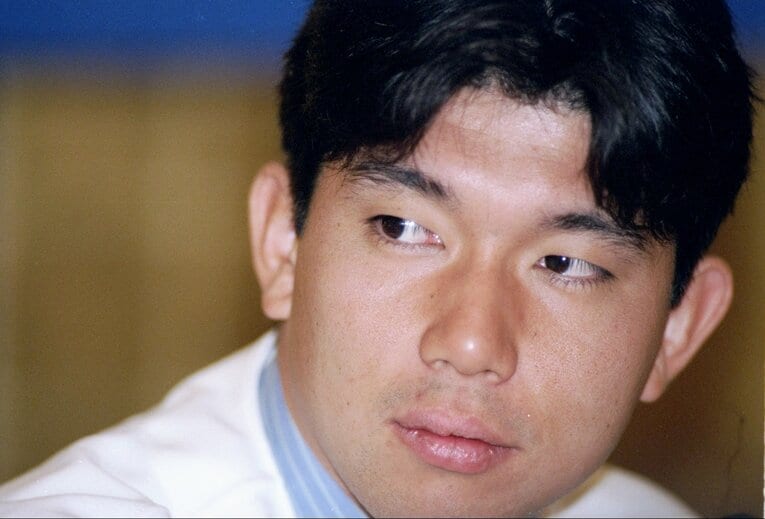 95年、ドジャース入団会見での野茂。この年もストライキによる影響があった