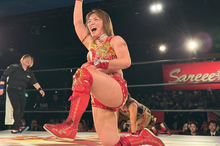 1月23日、里村明衣子と対戦したSareee ／ photograph by Norihiro Hashimoto