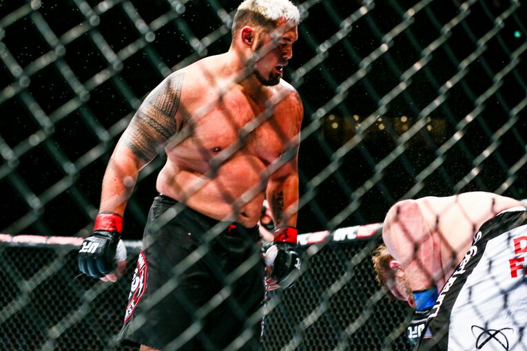 マーク・ハントのアッパーを浴びて崩れ落ちるロイ・ネルソン　©Susumu Nagao