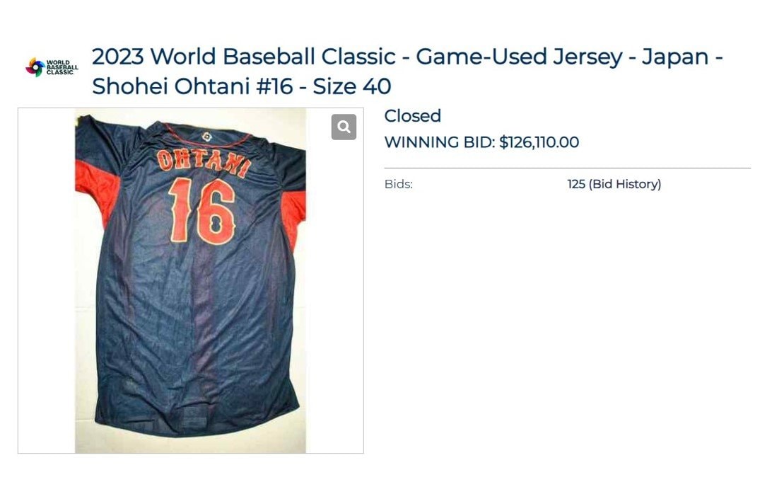 大谷のWBC実使用ユニフォーム。12万6100ドル（約1702万円：当時為替）で落札　※MLB Auctionより