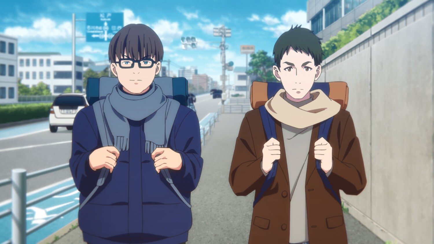 大きな荷物を背負ったみなみ（左）とますお（右）　©2023 アニメ「ウマ娘 プリティーダービー Season 3」製作委員会