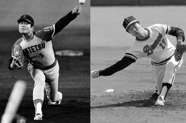1978年9月23日の藤井寺決戦で投げ合った近鉄のエース鈴木啓示（左）と阪急のエース山田久志（右） ／ photograph by Snakei Shimbun