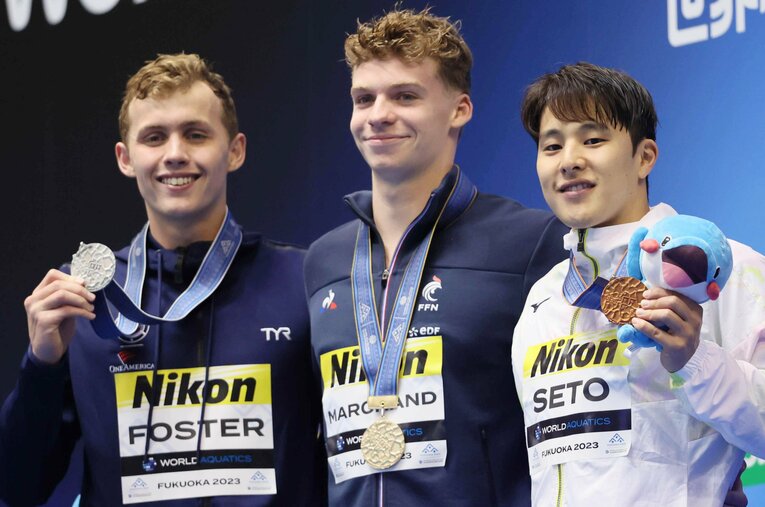 400ｍ個人メドレーで銅メダルを獲得した瀬戸大也。優勝したフランスのマルシャン（中央）はフェルプス超えの世界新記録 ／ photograph by JIJI PRESS