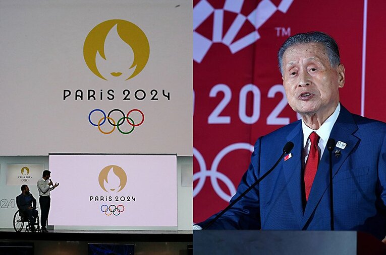 東京五輪組織委員会・森喜朗会長（右）、昨年発表された24年パリ五輪のロゴ（左） ／ photograph by AFLO
