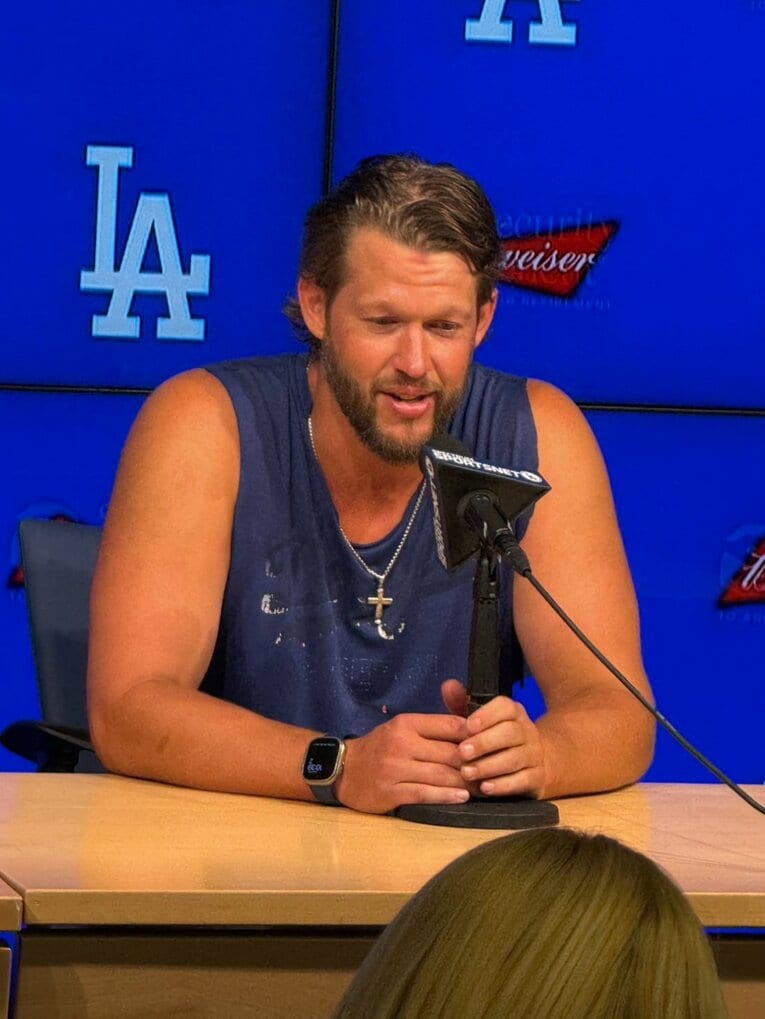 3000奪三振を達成した会見時のカーショー　©Naoyuki Yanagihara