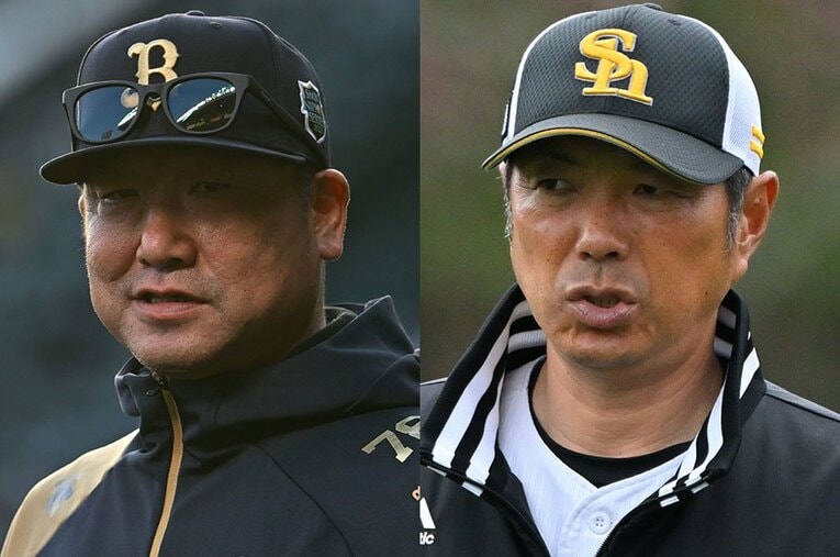 オリックスの中嶋聡監督（左）、今季からソフトバンクを率いる小久保裕紀監督 ／ photograph by Hideki Sugiyama