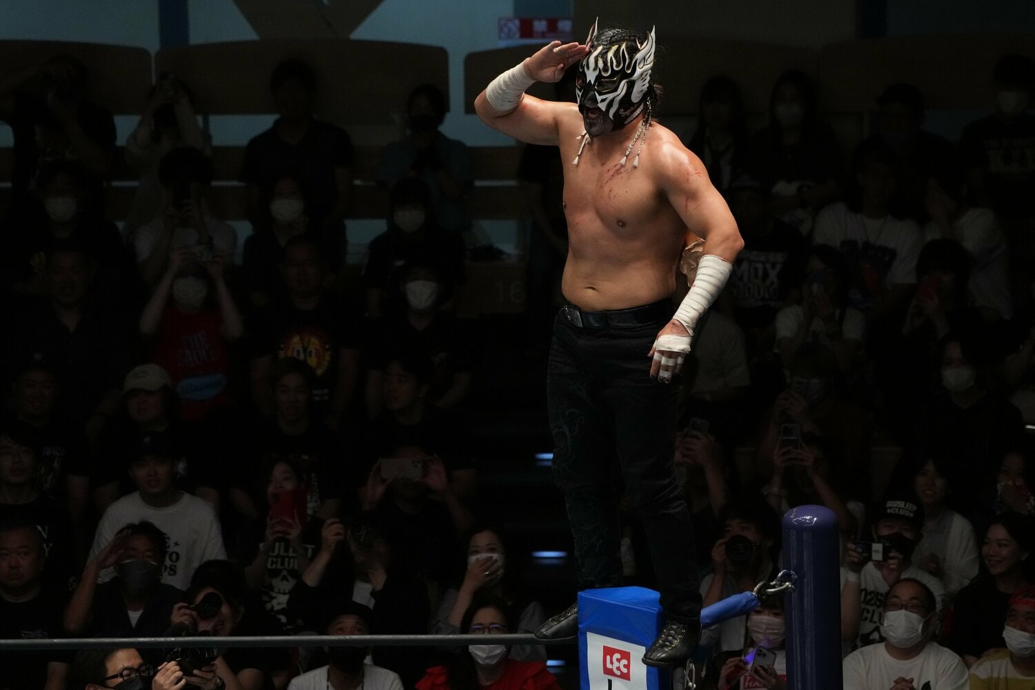 敬礼ポーズを決めるエル・デスペラード（クリックすると「この記事の写真」に飛びます。流血等の過激な写真を含みますのでご注意ください）