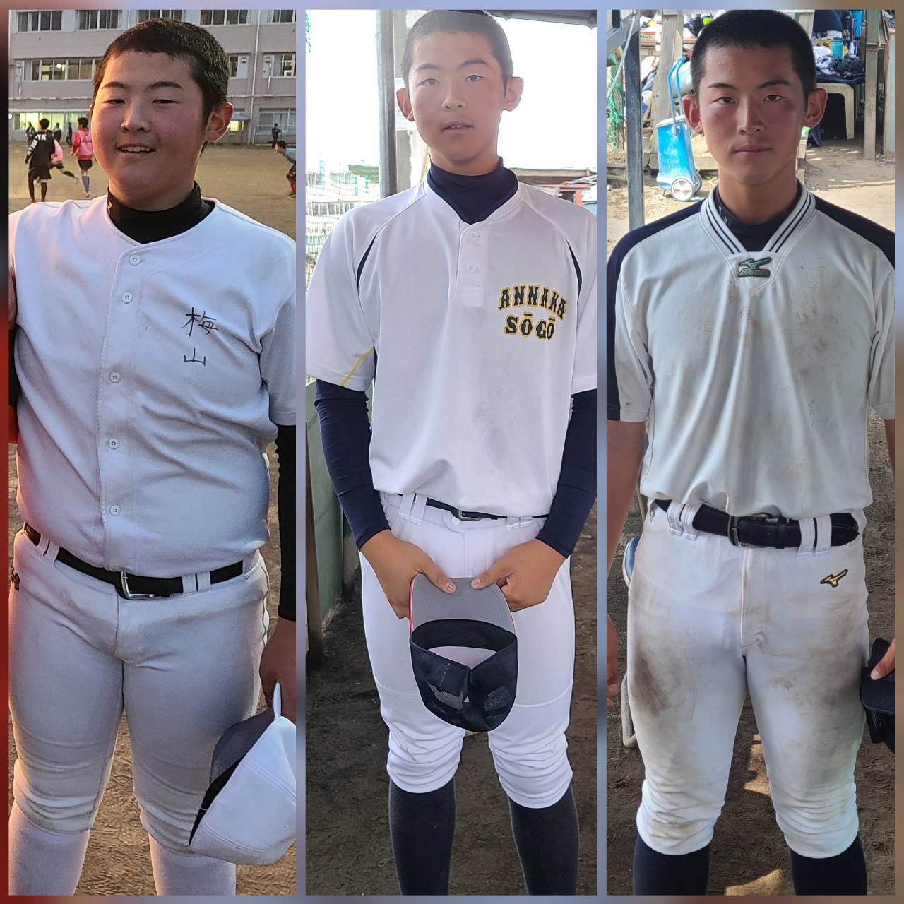 吉田監督が制作した梅山の成長過程を並べた写真。入学当時（左）から比べると体つきも顔つきも大きく変化した