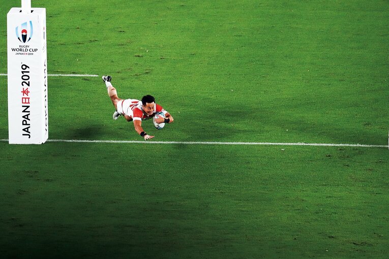 2019年W杯スコットランド戦、後半開始早々の福岡の独走トライの瞬間　©︎Kenichi Arai