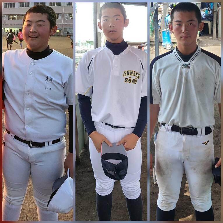 吉田監督が制作した梅山の成長過程を並べた写真。入学当時（左）から比べると体つきも顔つきも大きく変化した