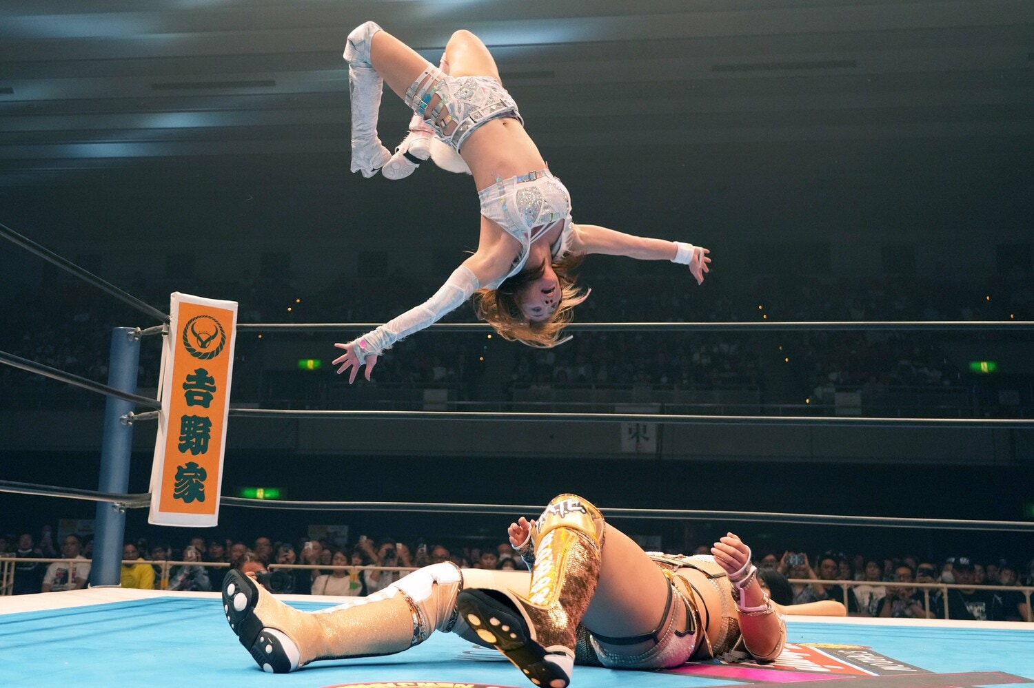 ムーンサルトプレスを放つ岩谷麻優 ©Essei Hara