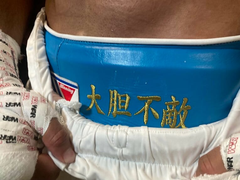 ノーファウルカップに刻まれた「大胆不敵」の刺繍（筆者撮影）