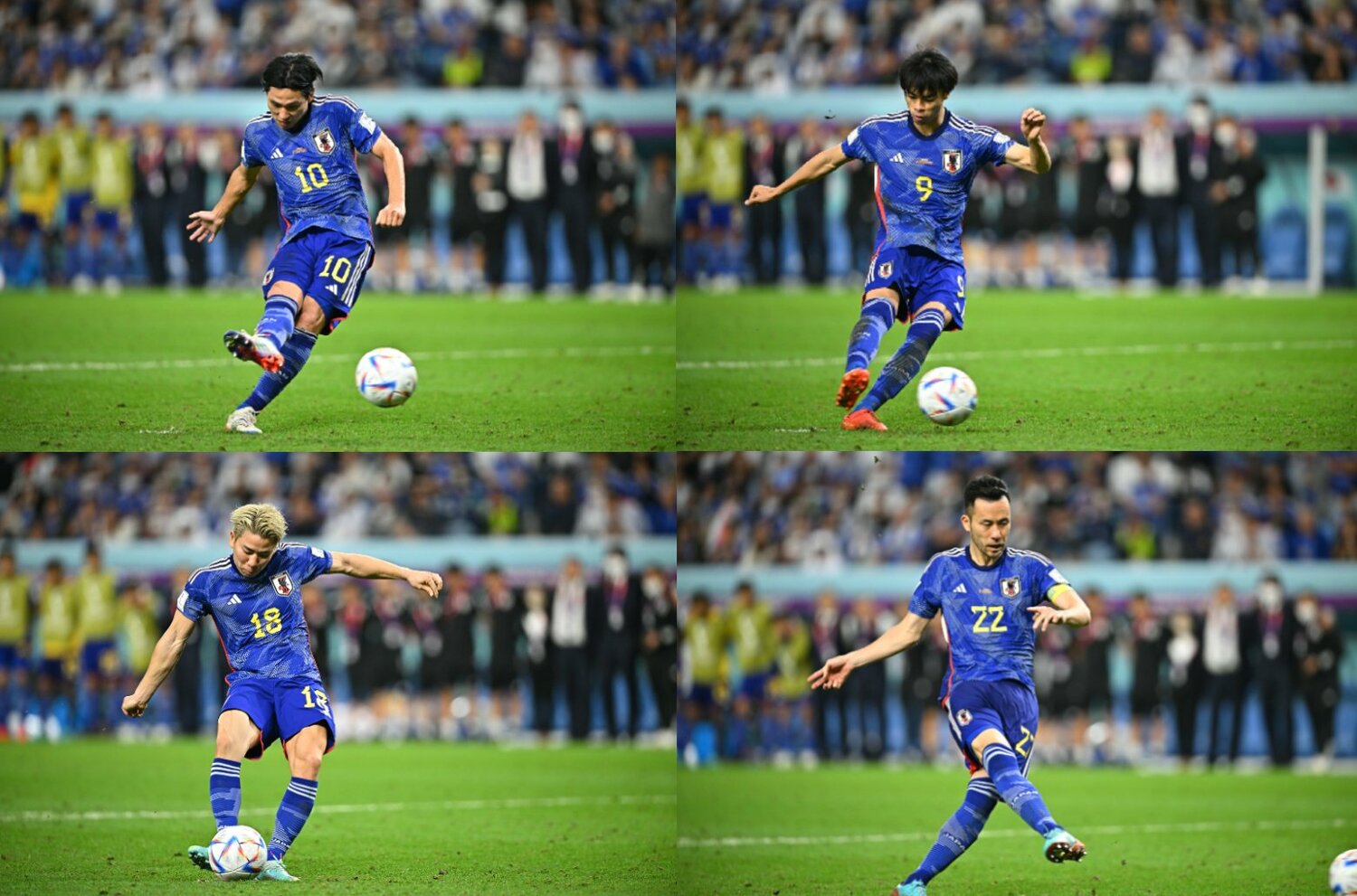 南野、三笘、浅野、吉田のPKの瞬間。権田が振り返るように、いずれもボールのインパクトはインサイドキックだった　©︎Takuya kaneko/JMPA