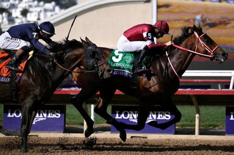 BCクラシックのゴールを先頭で駆け抜けたフォーエバーヤングと坂井瑠星。日本競馬史に残る偉業を成し遂げた瞬間だった ／ photograph by Getty Images