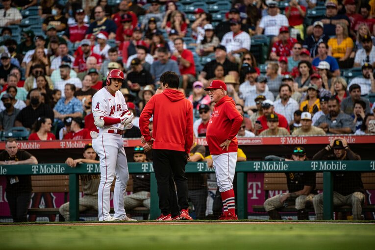 試合中に何かを話し合う大谷とマドン監督。間には水原通訳（後ろ姿）