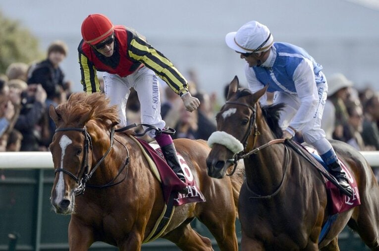 2012年の凱旋門賞、豪快な末脚で抜け出したオルフェーヴル（左）だったが、内側に斜行し減速。伏兵ソレミアに差されて栄冠を逃した　©AFP/JIJI PRESS