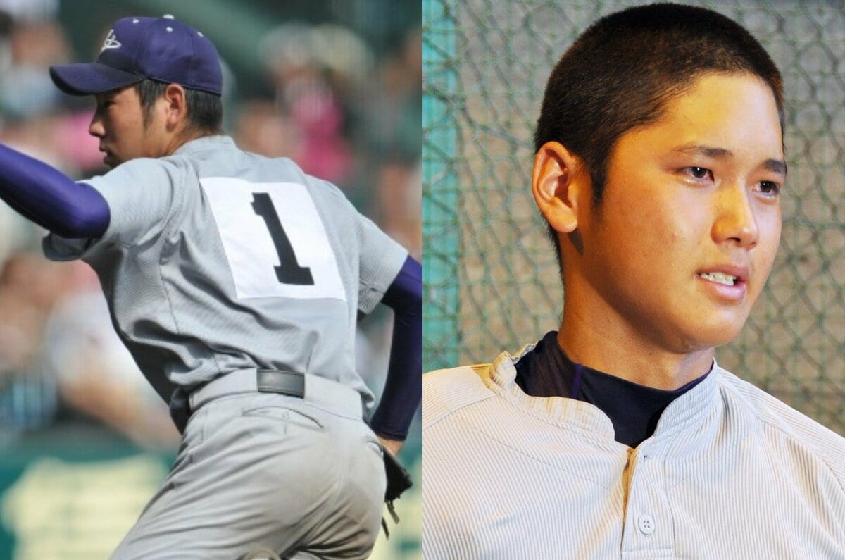 同じ花巻東高出身の大谷翔平（左）と菊池雄星が同校のユニホーム