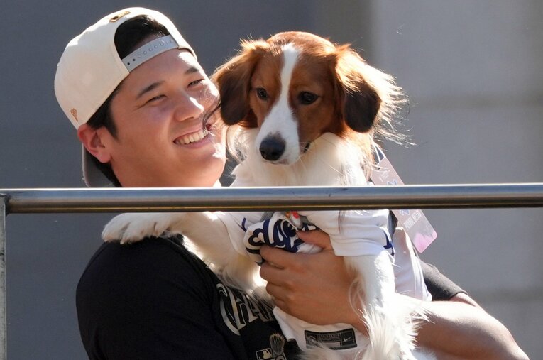 ワールドシリーズ優勝パレードで。デコピンを抱きかかえ笑顔の大谷翔平（30歳） ／ photograph by AFLO