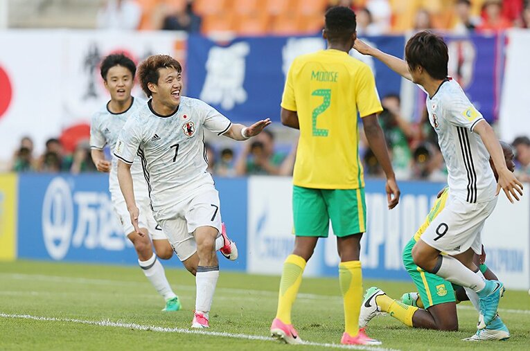2017年U-20W杯の初戦、南アフリカ戦で決勝ゴールを挙げた堂安律。東京五輪でも勝利に導くゴールを誓う ／ photograph by Getty Images