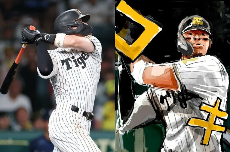 6月3日の西武戦で15号2ランを放った阪神・佐藤輝明（左）とその様子を描いた髙橋ツトム氏の作品（右） ／ photograph by JIJI PRESS／髙橋ツトム氏提供