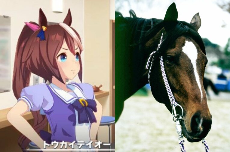 ウマ娘・トウカイテイオー（左）と、ダービー馬・トウカイテイオー（右） ／ photograph by ©Cygames, Inc.／Keiji Ishikawa