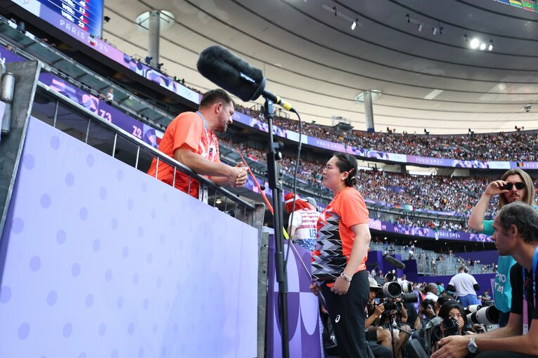 決勝開始直前、やや不安げな北口榛花　©Ryosuke Menju/JMPA