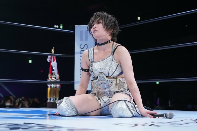 5月18日、横浜武道館で白いベルトを防衛した安納サオリ　©Essei Hara