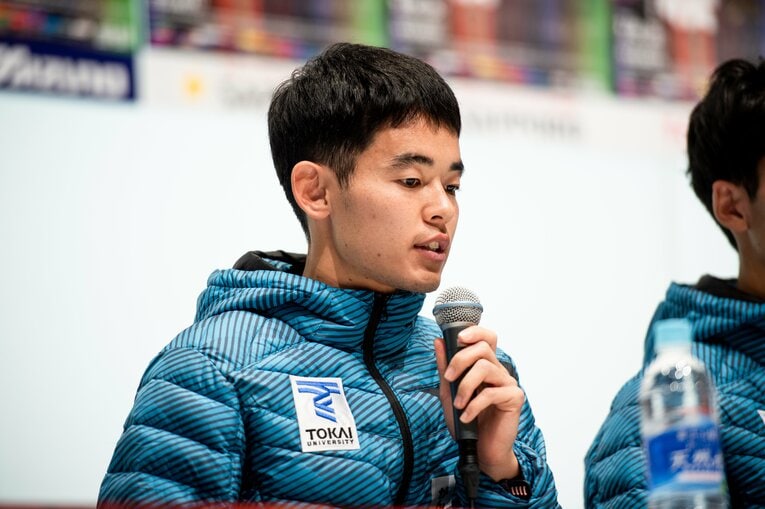 東海大の優勝会見での2区・湯沢舜　©Yuki Suenaga