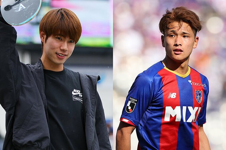 先日のXGamesでも圧巻の滑りを見せた堀米雄斗（左）とFC東京の高卒ルーキーMF松木玖生 ／ photograph by AFLO SPORT