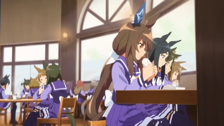 オグリキャップの大食いぶりに目が奪われるが、食堂のシーンで実はアドマイヤベガの食の細さも描写されている　©Cygames, Inc.