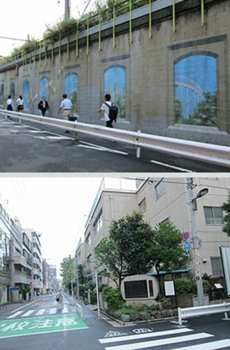 【写真上】 両国駅の南口から線路沿いに千葉の方へ進むと見られる、トリックアートのような壁画。
【写真下】 芥川の文学碑。両国は彼の文学を育んだ土地でもある。