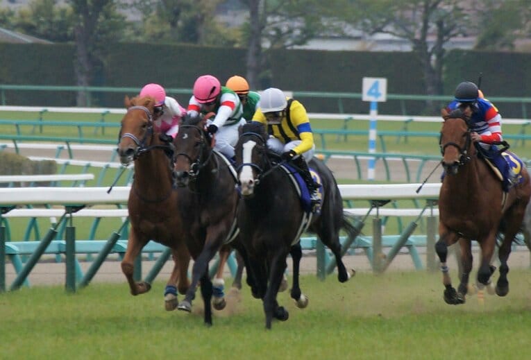 皐月賞のイスラボニータ（白帽）