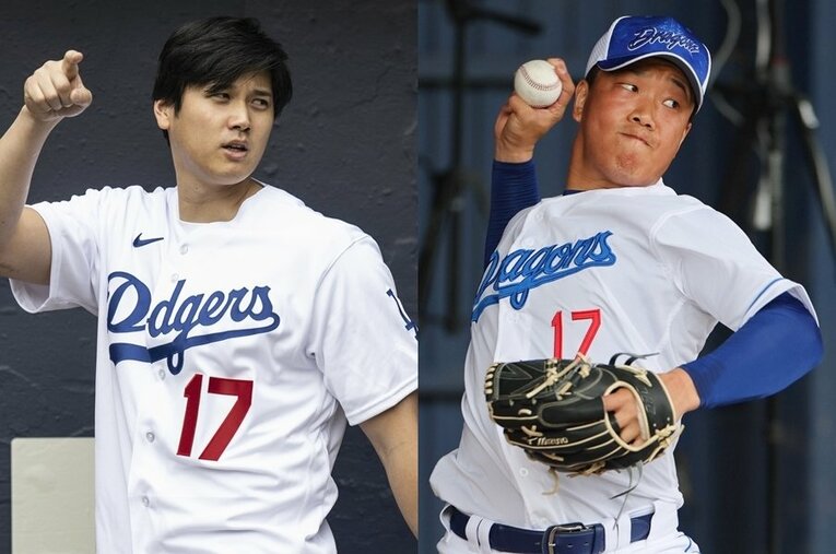 ドジャースのユニフォームに袖を通す大谷翔平（左）と中日・柳裕也（右） ／ photograph by AFLO／JIJI PRESS
