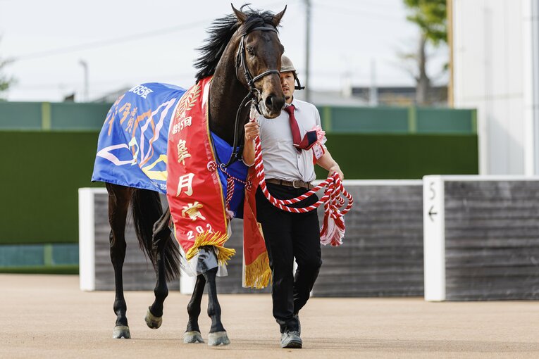 優勝レイをかけられたミュージアムマイル　©Kiichi Matsumoto