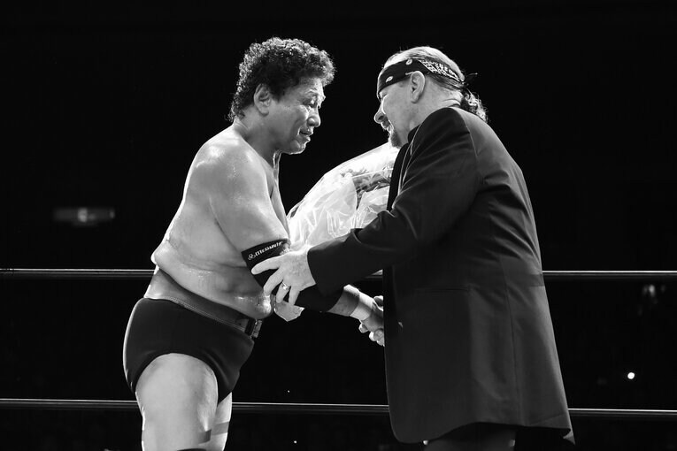 天龍源一郎の引退試合に駆け付けたテリー・ファンク。2015年11月15日、両国国技館