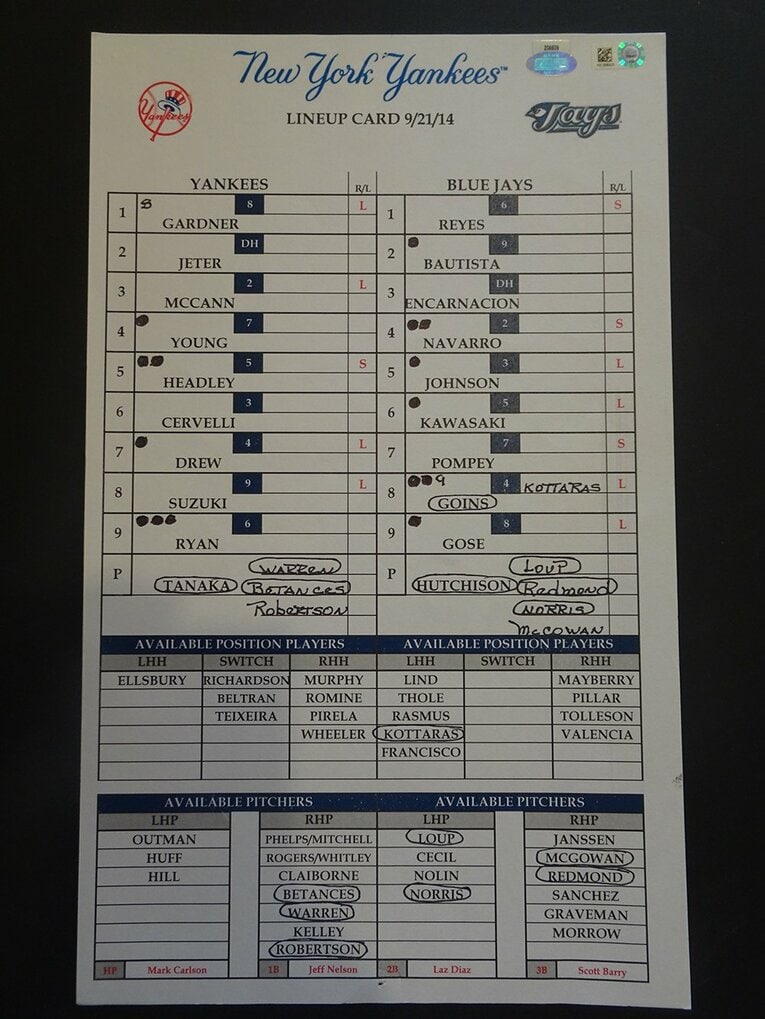 2014ヤンキースタジアム　ヤンキースベンチに貼られていたラインナップカード©Aki