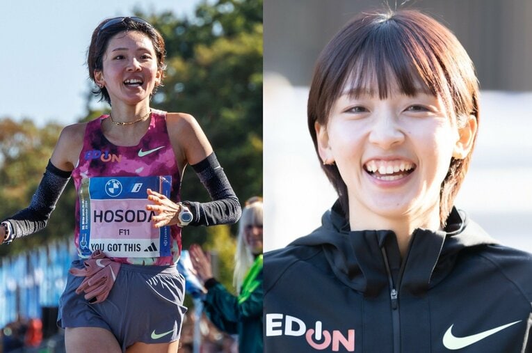 9月のベルリンマラソンで日本歴代7位の好記録をマークした細田あい（エディオン）。パリ五輪「補欠問題」の渦中にいたが、その後は快進撃を続けている ／ photograph by (L)JIJI PRESS、(R)Miki Fukano