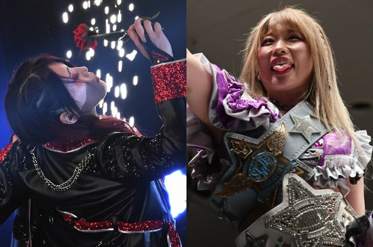 （左）第13代・現ワールド・オブ・スターダムチャンピオンの林下詩美（右）第15代・現ワンダー・オブ・スターダムチャンピオンの中野たむ ／ photograph by Masashi Hara