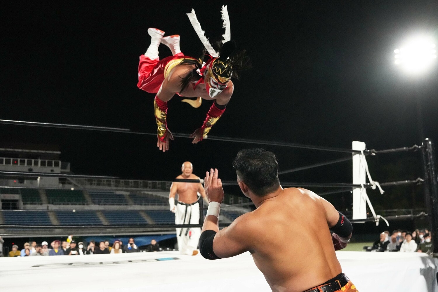 場外のマンモス佐々木にトペ・コンヒーロを放つハヤブサ　©Essei Hara