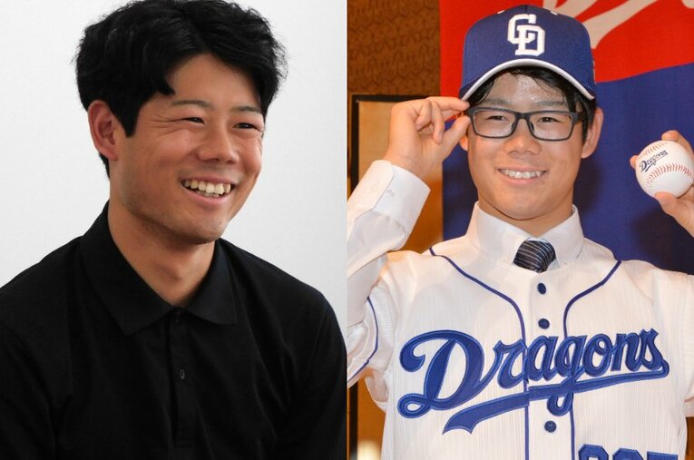 2020年に中日の育成1位でドラフト指名を受けた松田亘哲さん。現在はCBCテレビの報道局記者 ／ photograph by L)NumberWeb、R)Sankei Shimbun