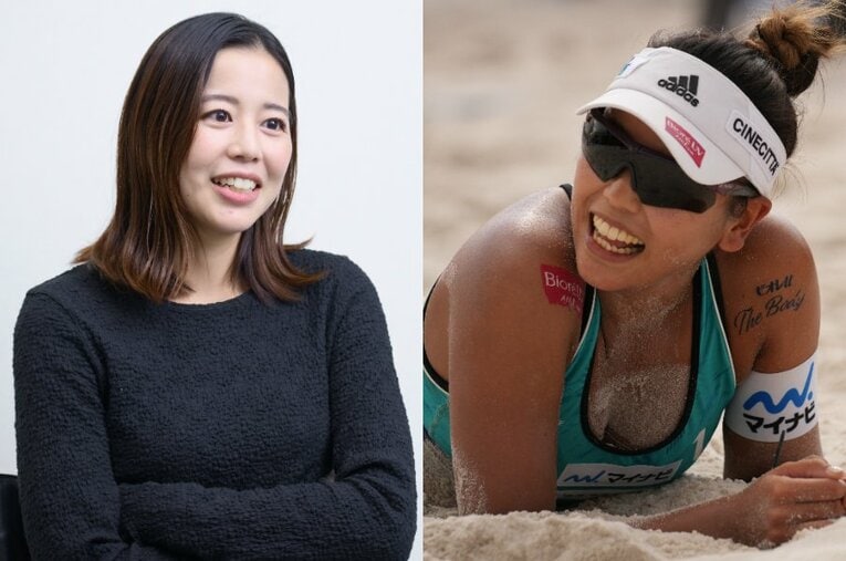 今年2月に長女を出産した坂口佳穂さん。現在のビーチバレー界への思いを明かした ／ photograph by L)Asami Enomoto、R)Kazuaki Mutsunaga